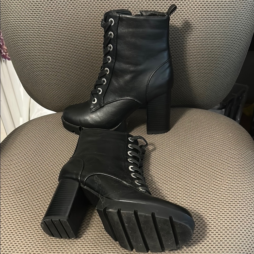 Sincerely Jules Faux Black Leather Lace-Up High Heel Ankle Boots